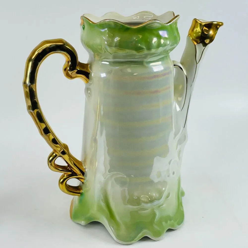 Antique Rococo German Ceramic Coffee Pot Three Graces Gold Gilt Porcelain 9.5”